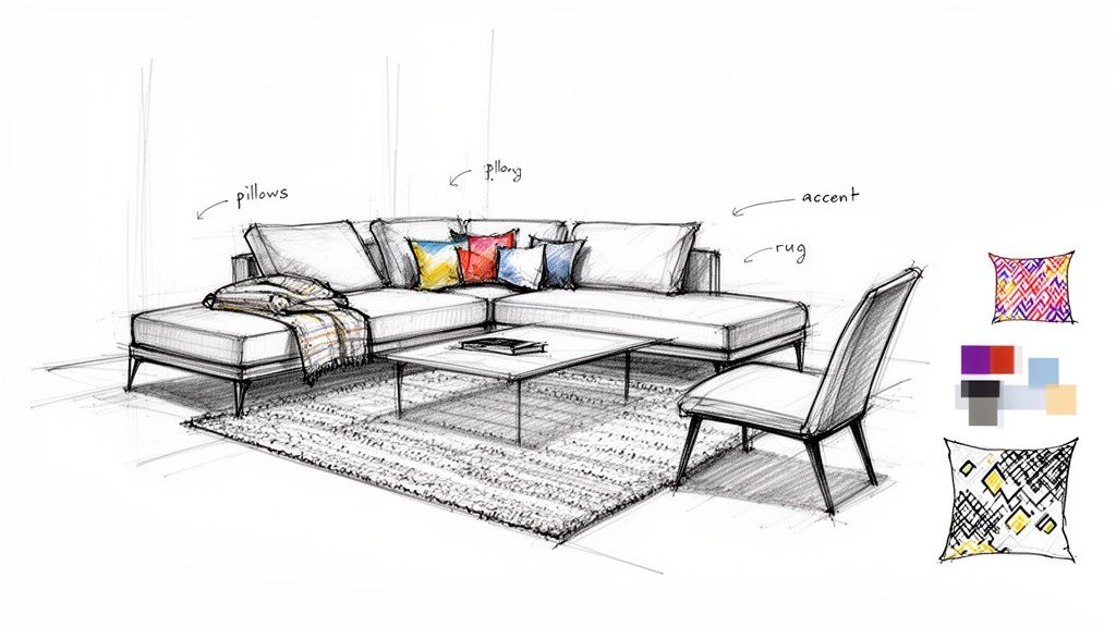 A sketch of a modern living room featuring a 2-piece sectional sofa, coffee table, and accent chair.