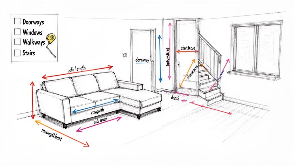 Detailed sketch illustrating various measurements for a sectional sofa, doorway, staircase, and window in a room.