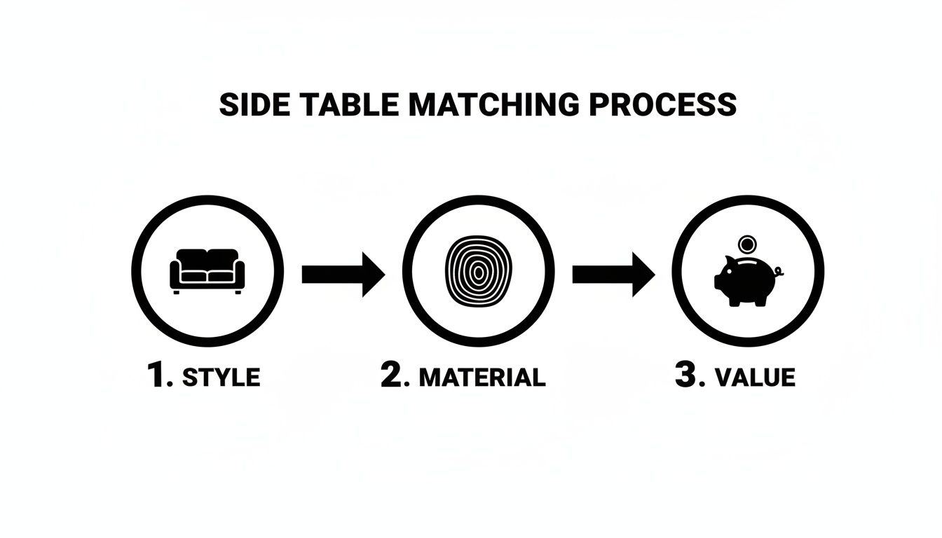 A diagram illustrating the side table matching process: 1. Style (couch icon), 2. Material (wood grain icon), 3. Value (piggy bank icon).