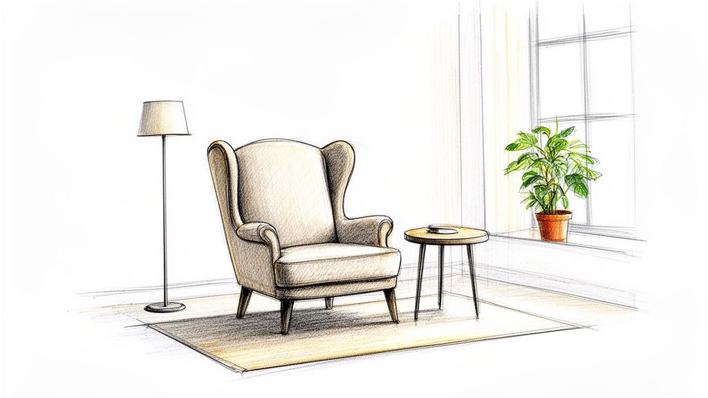 A cozy sketch of a living room interior featuring an accent armchair, floor lamp, and a potted plant by a window.