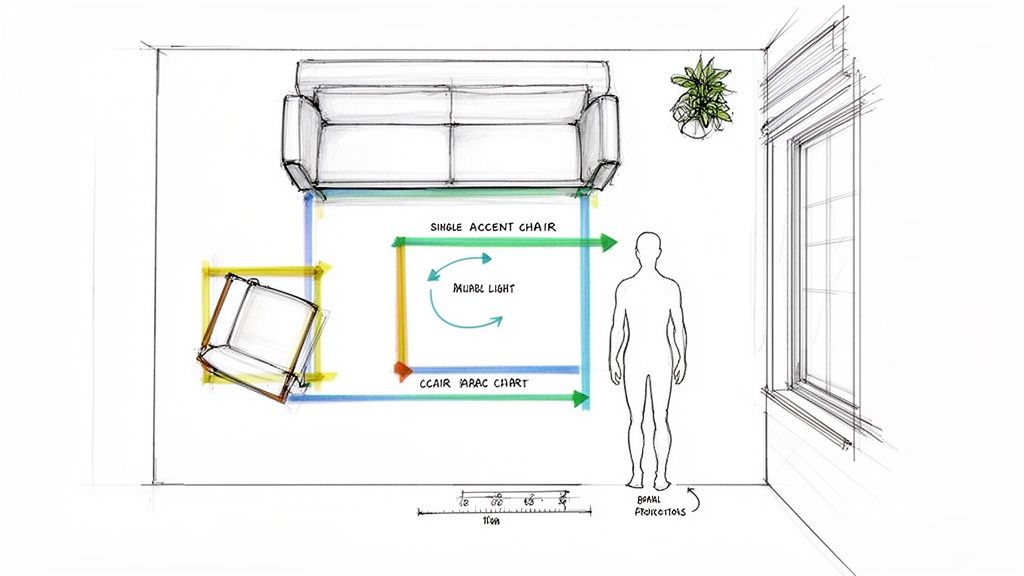 Sketch illustrating a room layout with a sofa, an accent chair, human figure, and marked dimensions.
