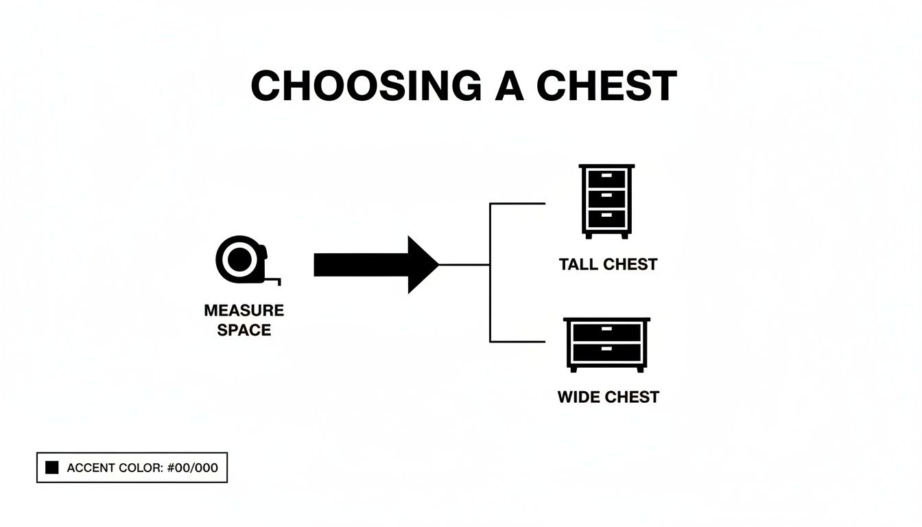 Diagram illustrating how to choose a chest, starting with measuring space, then deciding between a tall or wide chest.