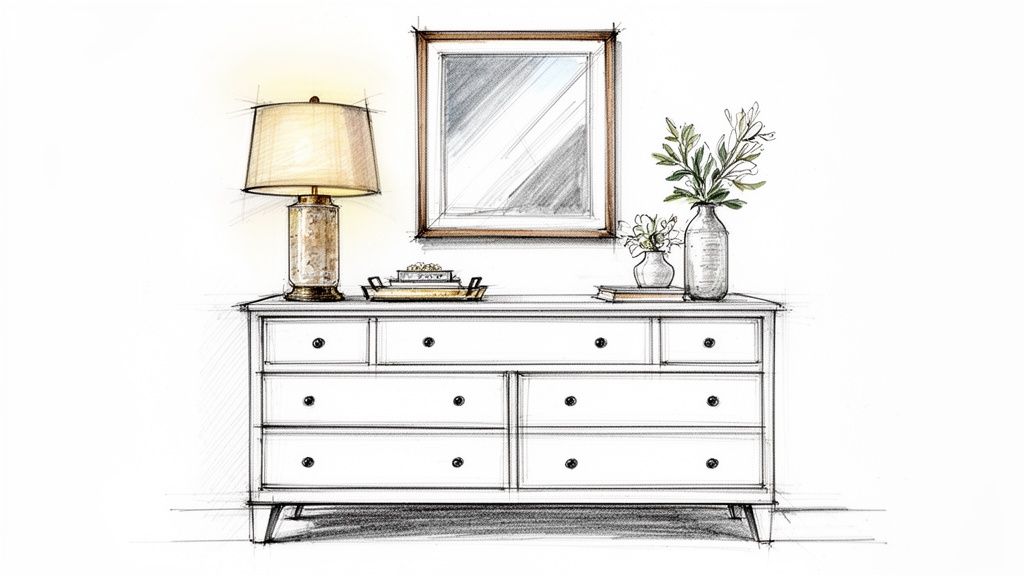 A hand-drawn sketch of a white chest of drawers with a lamp, mirror, and decorative vases.