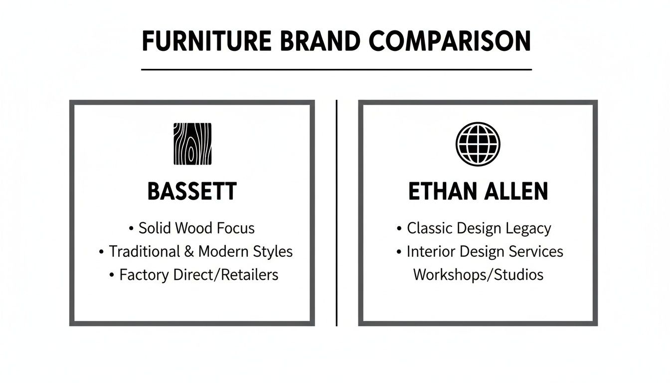 A furniture brand comparison chart detailing features of Bassett and Ethan Allen brands.