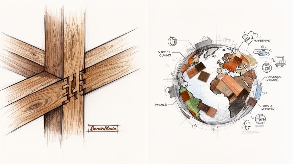 Detailed sketches depicting a complex wooden joint and a globe illustrating a global wood supply chain.