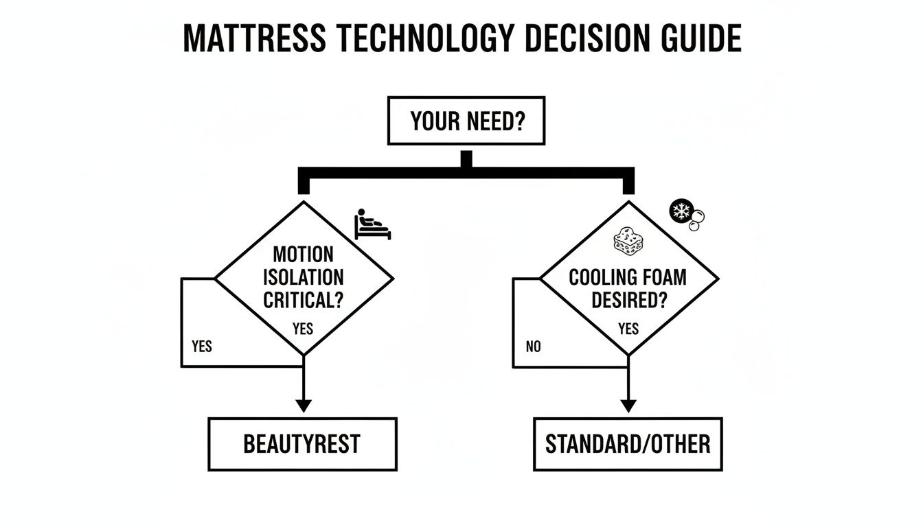 Flowchart decision guide for mattress technology, comparing motion isolation and cooling foam needs.