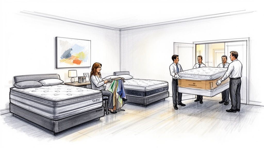 Four men deliver a mattress and box spring, while a woman chooses fabric swatches.