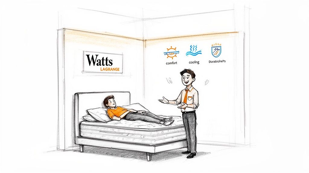 An animated sketch of a man trying a Watts LAGRANGE mattress, while a salesperson explains its comfort, cooling, and durability features.