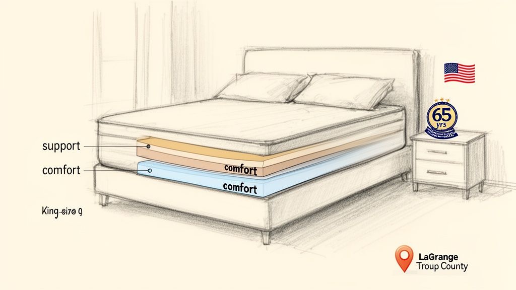 A sketch showing the support and comfort layers of a king-size mattress, with an American flag and '65 years' logo.