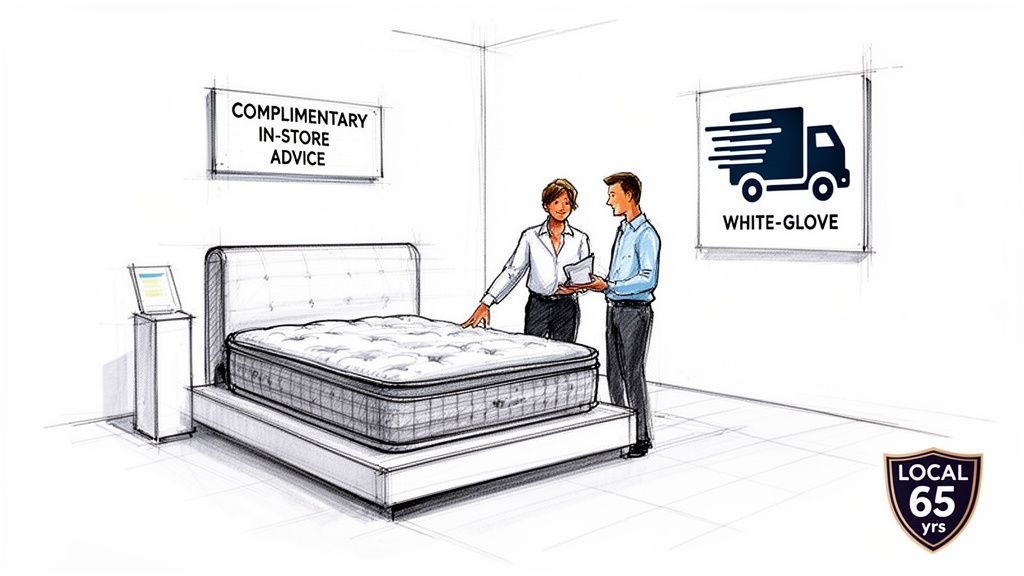 Illustration of two people discussing a mattress in a store, with signs for in-store advice and white-glove delivery.