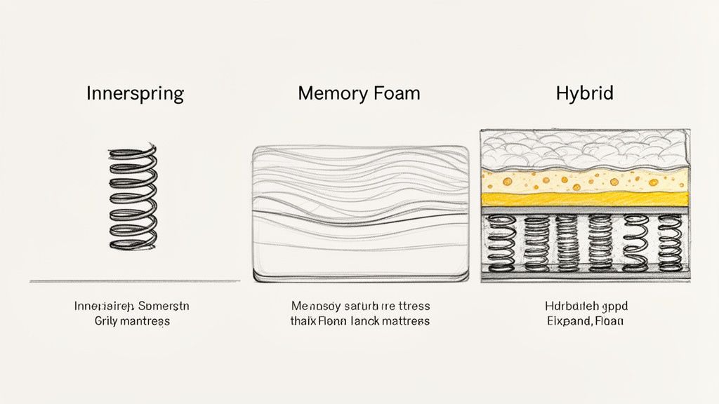 Diagram illustrating three common mattress types: Innerspring, Memory Foam, and Hybrid construction examples.