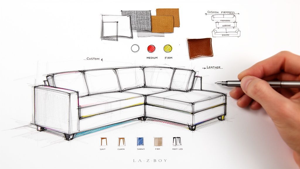 A hand sketches a custom sectional sofa, showing fabric, leather, cushion firmness, and leg options.