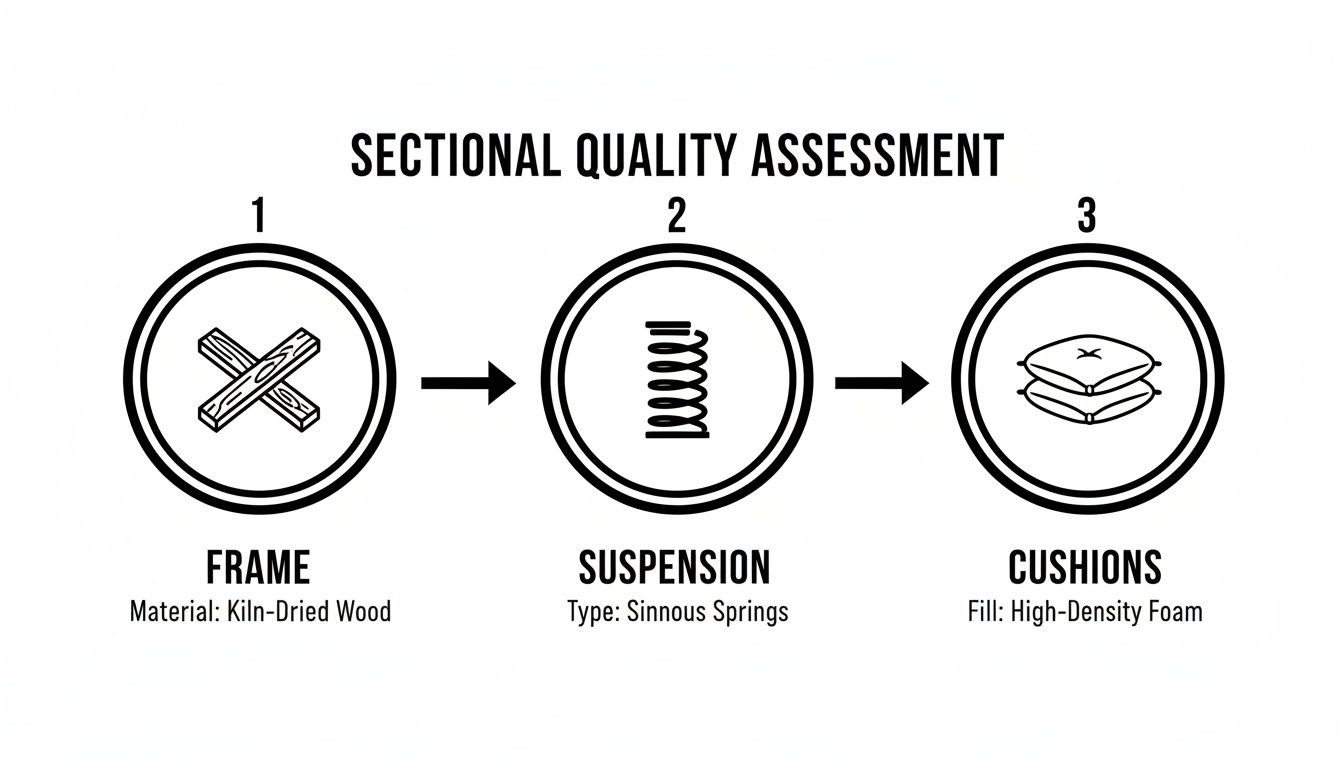 Diagram showing sectional quality assessment with frame, suspension, and cushions details.