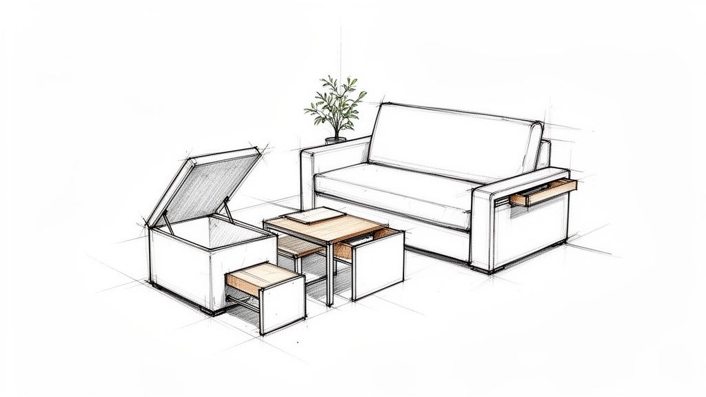 Detailed sketch of a modern living room with a sofa, nesting tables, storage ottoman, and pull-out drawer.
