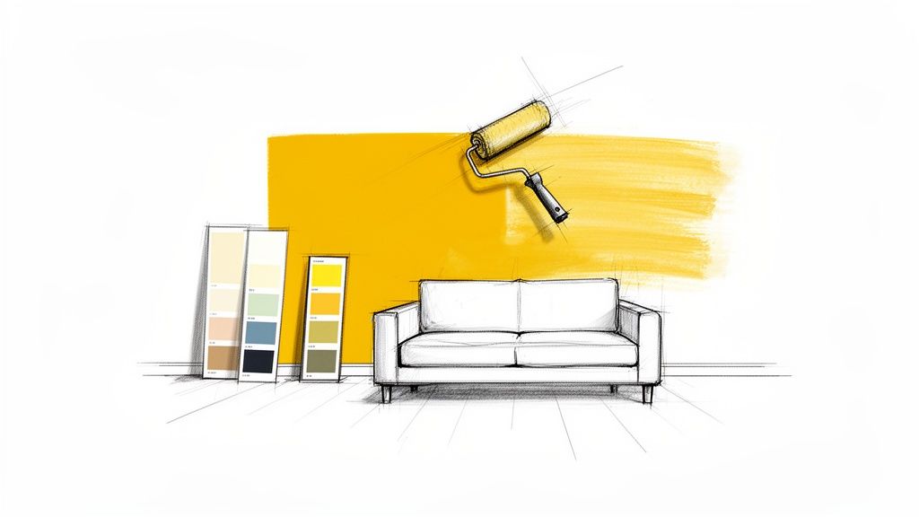 Sketch of a living room with a white couch, paint swatches, and a roller painting a yellow accent wall.