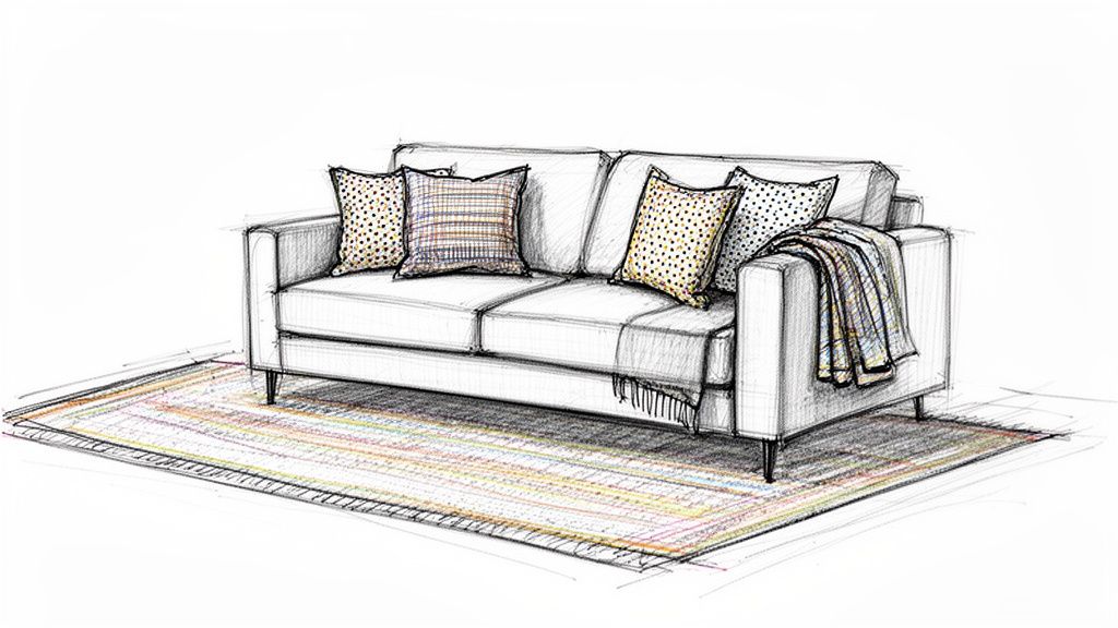 Sketch of a minimalist sofa with patterned cushions and a throw blanket on a colorful rug.