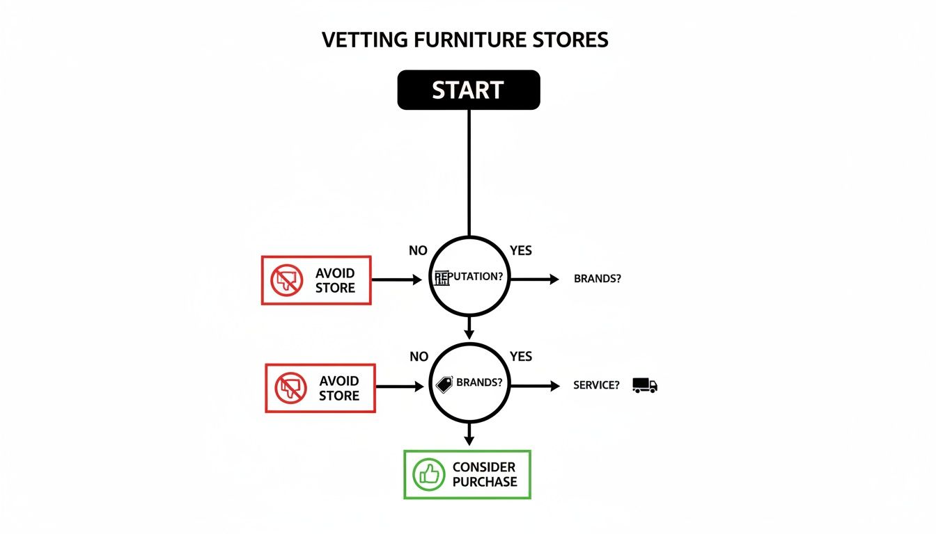 A flowchart detailing steps for vetting furniture stores based on reputation, brands, and service.