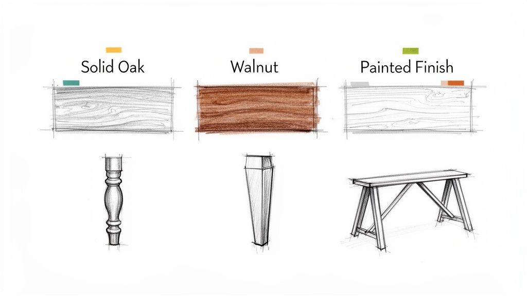 Sketches illustrating different wood finishes (oak, walnut, painted) and furniture leg styles (turned, tapered, trestle).
