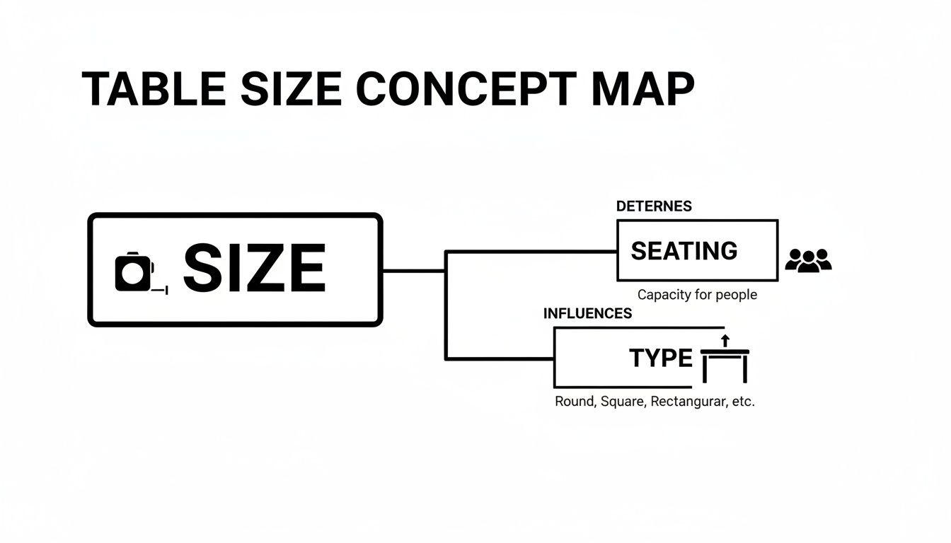 A concept map illustrating table size, showing it determines seating capacity and influences table type.
