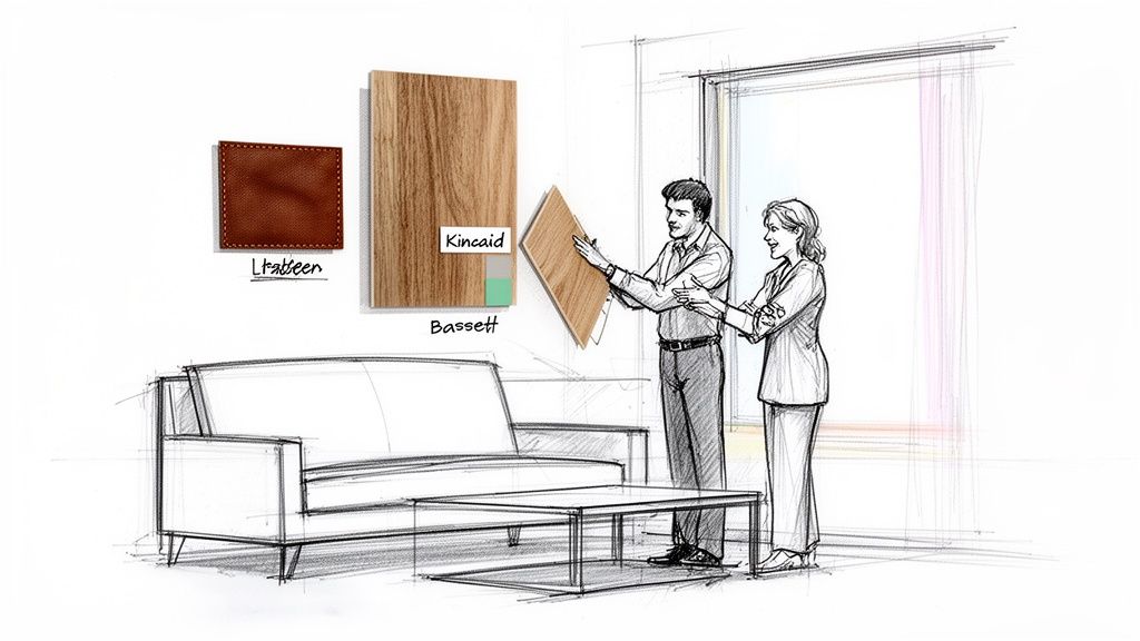 Sketch of interior designers discussing wood and leather samples for a living room design.