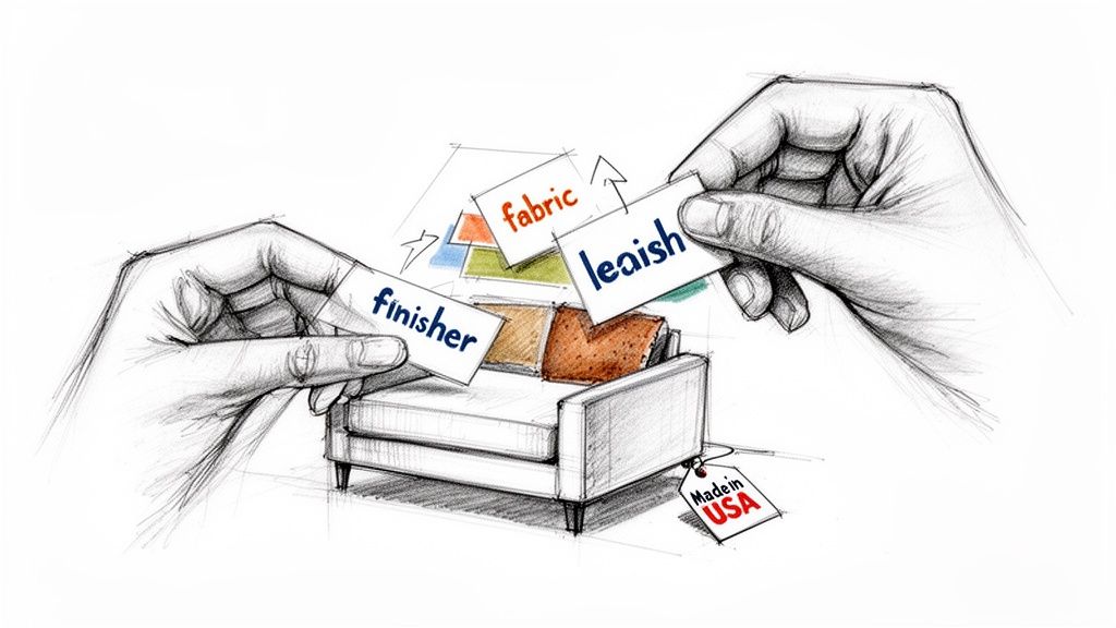 Sketch of hands customizing a sofa with cards for 'fabric', 'finisher', and a 'Made in USA' tag.
