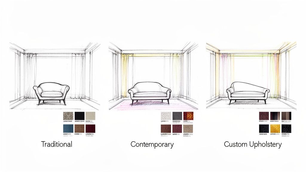 Three illustrated room concepts: Traditional, Contemporary, and Custom Upholstery, showcasing various sofa styles and fabric swatches.