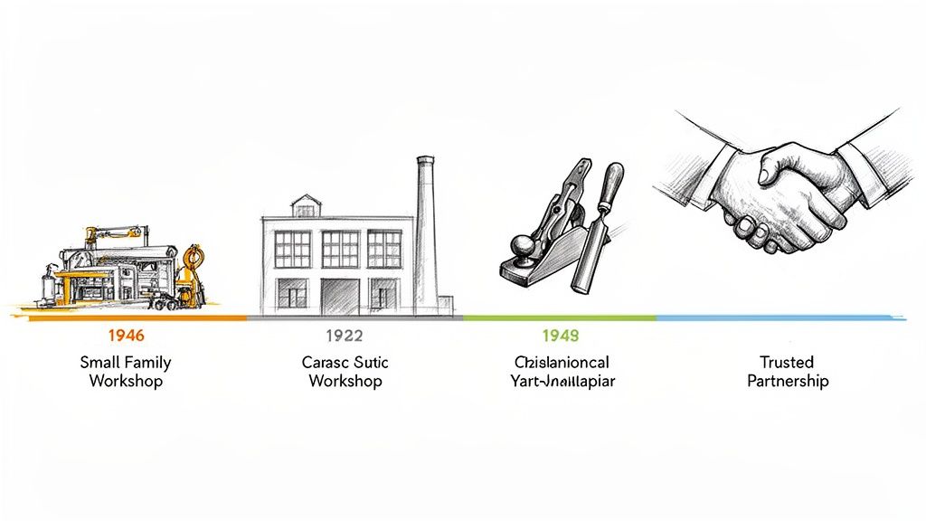 Timeline illustrating business evolution from small workshop to trusted partnership, with tools and buildings.