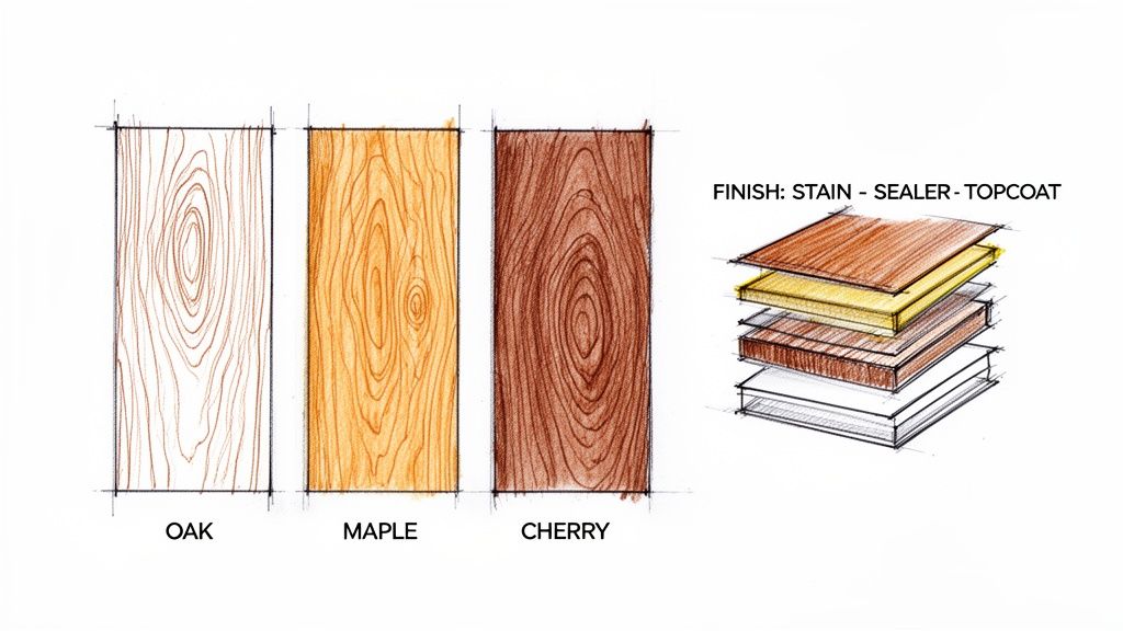 Illustration of three wood types (oak, maple, cherry) and a diagram showing wood finishing layers.