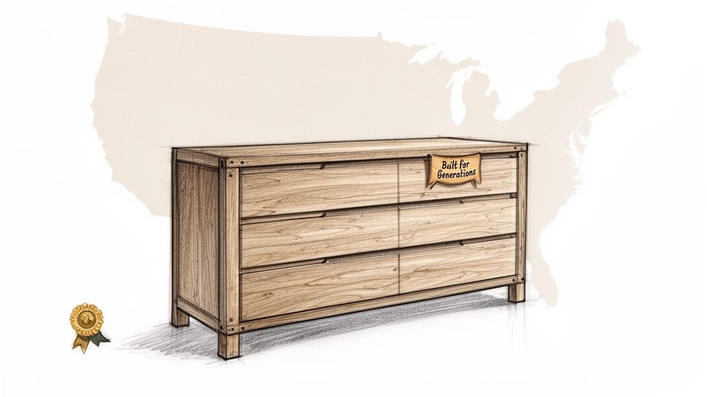 An illustrative sketch of a sturdy light wood dresser with six drawers, featuring a 'Built for Generations' tag.
