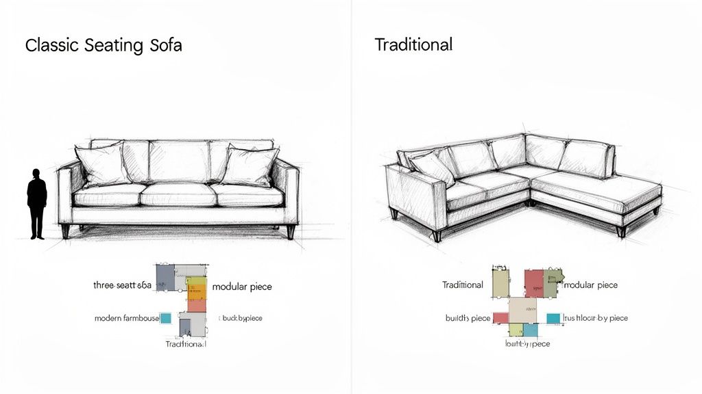 Sketches of a classic three-seater sofa and a traditional modular L-shaped sectional, with floor plan diagrams.