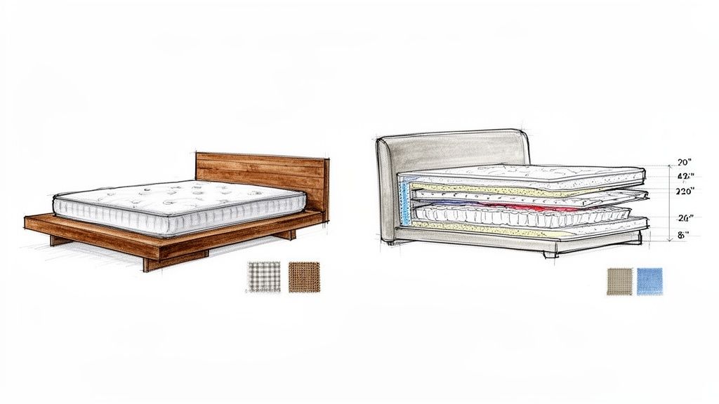 Two detailed sketches of beds: a wooden platform bed and an upholstered bed with visible mattress layers and dimensions.