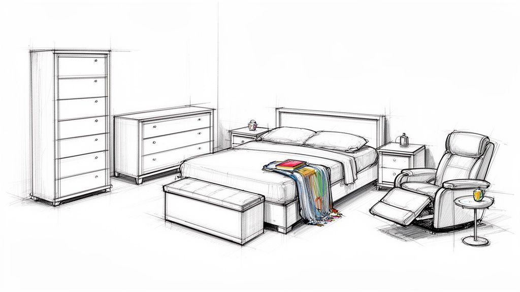 A detailed sketch of a master bedroom layout, featuring a bed, dressers, nightstands, and a recliner.