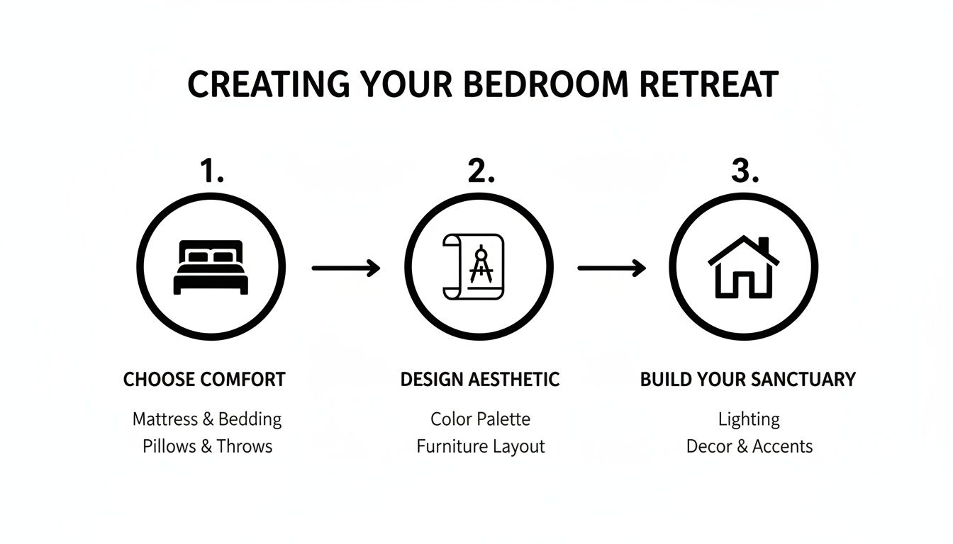 An infographic detailing a 3-step process to create a bedroom retreat, focusing on comfort, aesthetic, and sanctuary.