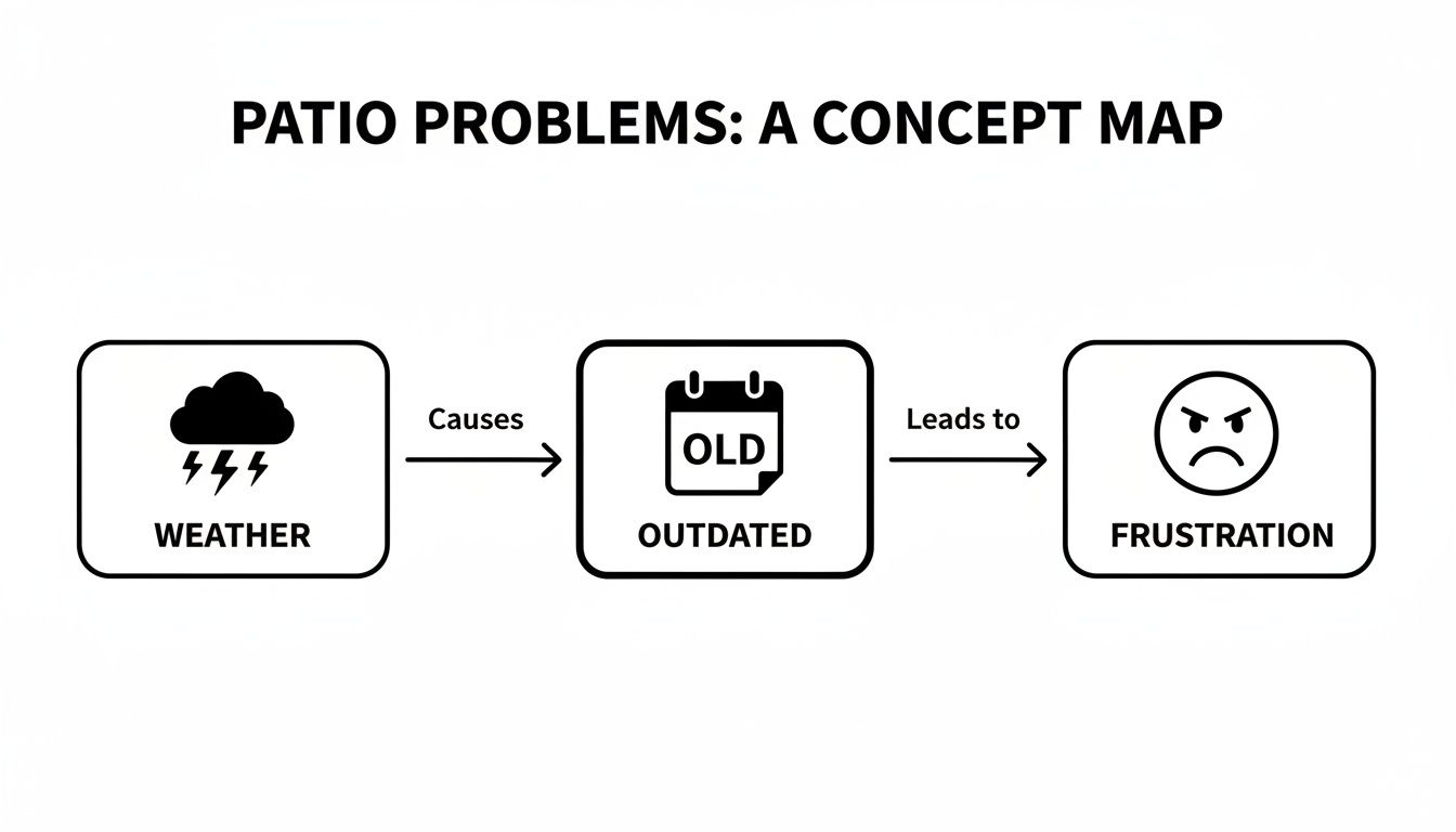 A concept map illustrating patio problems, showing weather causes outdated items, leading to frustration.