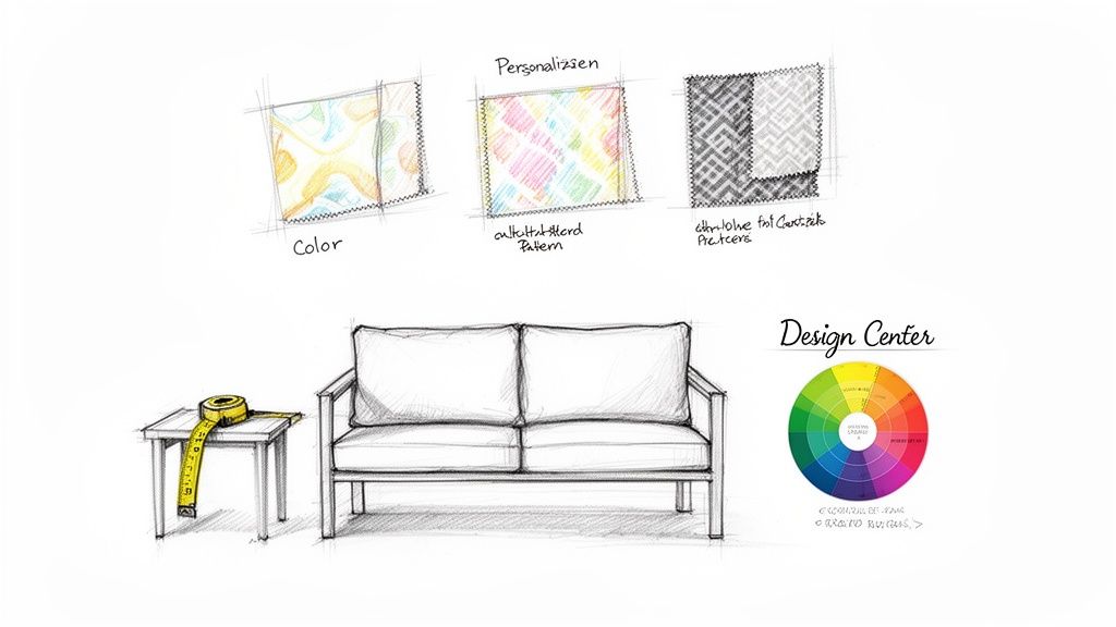 Hand-drawn design concept for customizable outdoor furniture featuring fabric patterns, color wheel, and sofa.