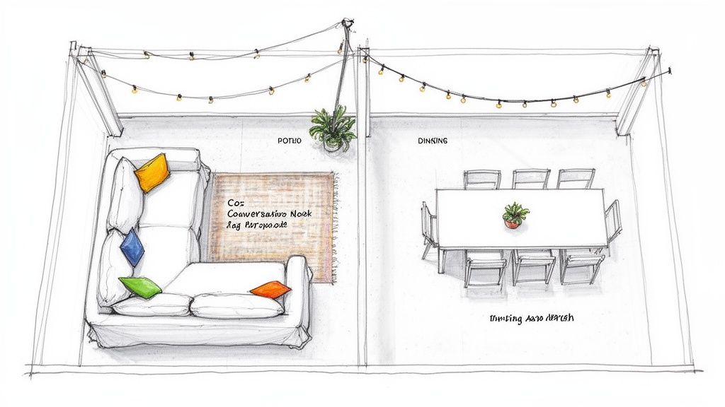 An aerial sketch of an outdoor living and dining area with slipcovered furniture and string lights.