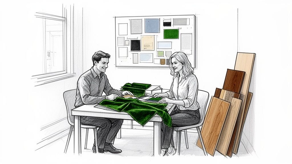 Two designers discussing green velvet upholstery fabric samples with a mood board and wood planks.