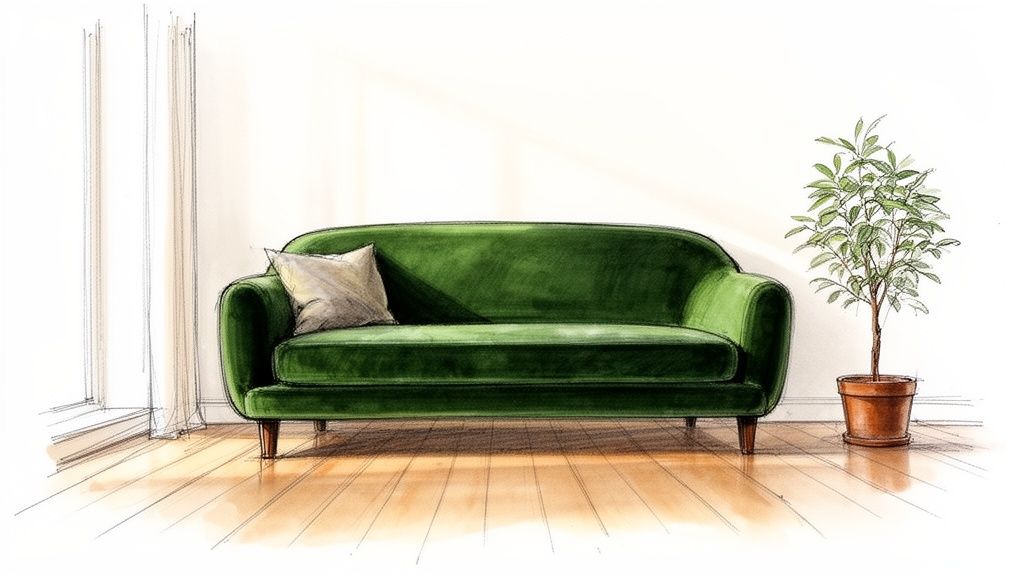 A hand-drawn sketch of a living room scene featuring a green velvet sofa, a light cushion, and a potted plant.