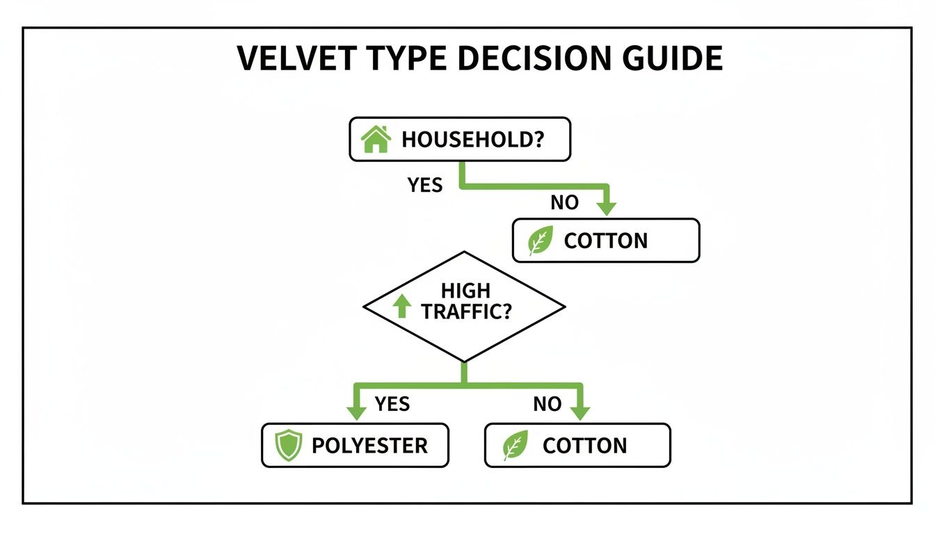 Decision guide flowchart illustrating how to choose velvet type based on household and traffic.