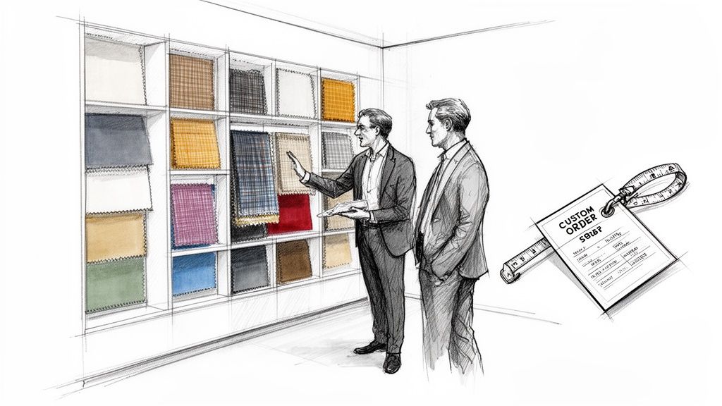 Two men in a bespoke tailor shop selecting fabric swatches for a custom order.