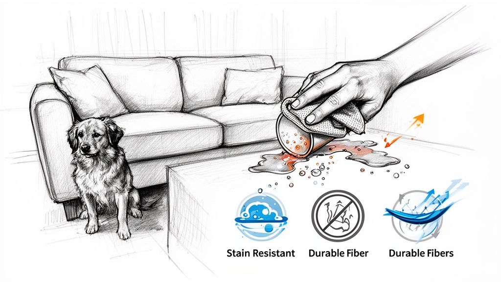 Sketch illustrating a dog, sofa, and hand cleaning a spill, promoting stain-resistant and durable upholstery fabrics.