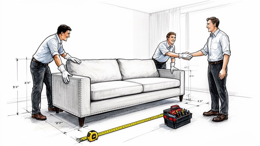 Three men moving a white sofa, with a measuring tape and toolbox on the floor.