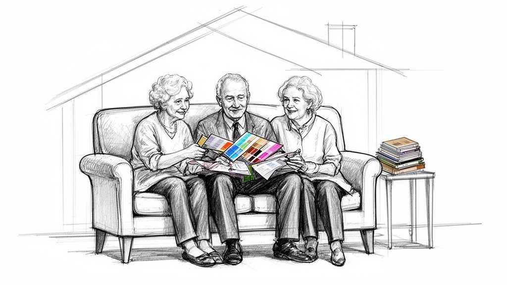 Three elderly friends on a sofa, happily choosing color swatches and fabric samples for a home.