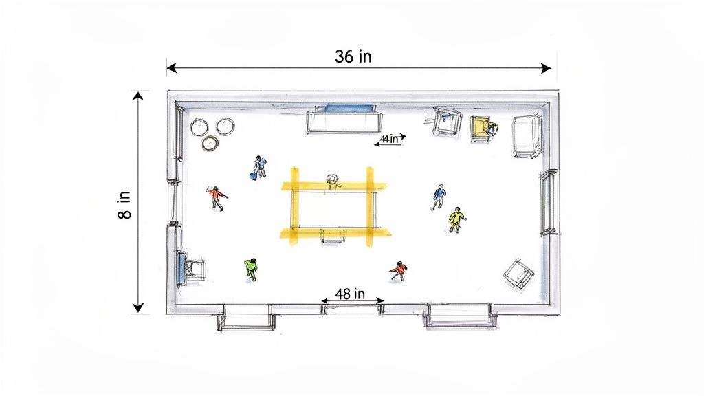 Architectural sketch of a room floor plan with measurements, furniture, and small figures.