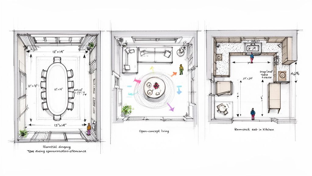 Three architectural sketches illustrating different room layouts: formal dining, open-concept living, and compact kitchen.