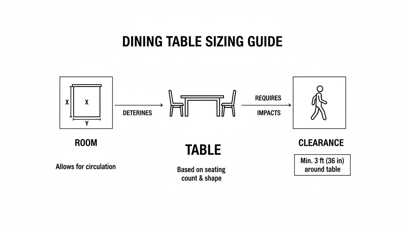 A diagram illustrates a dining table sizing guide, showing room dimensions determining table size and required clearance.