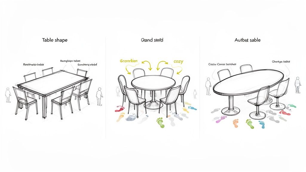 Detailed sketches illustrating three distinct dining table shapes: rectangular, round, and oval, with chairs.