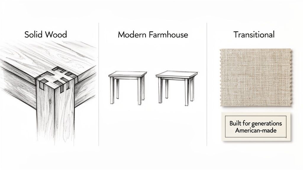 An infographic illustrating furniture styles: solid wood joinery, modern farmhouse table designs, and transitional fabric with American-made values.