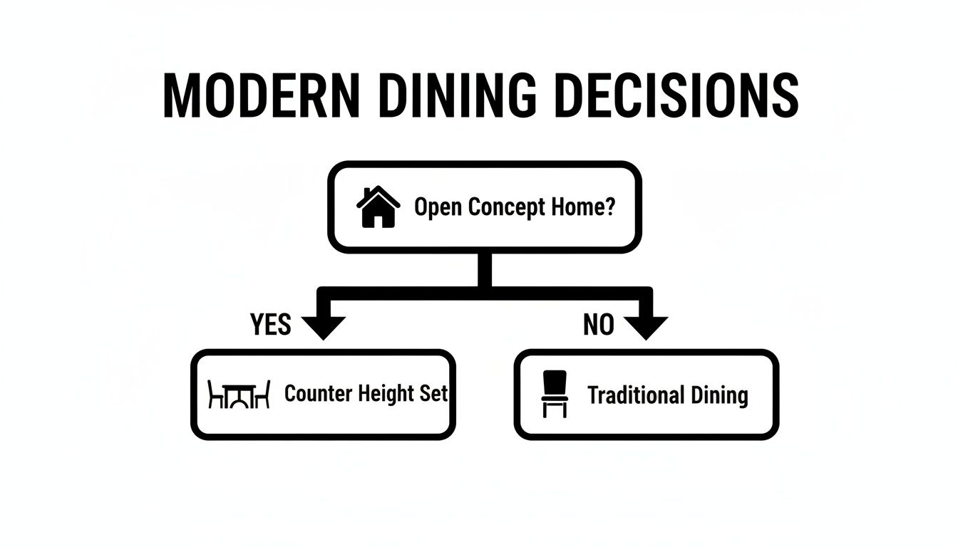 Flowchart on modern dining decisions, suggesting counter height sets for open concept homes or traditional dining.