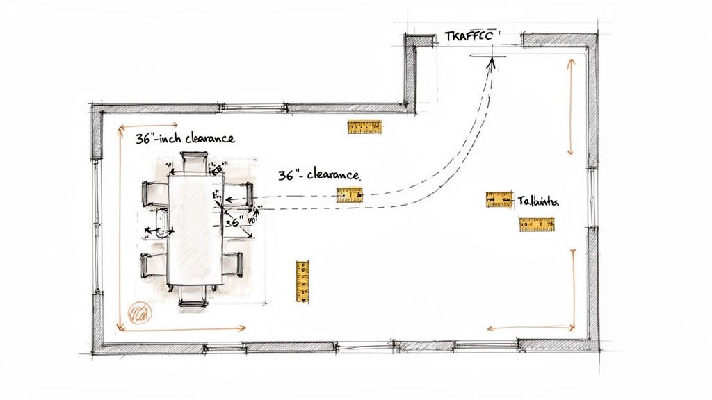 A sketch of a dining room floor plan with a table, chairs, and 36-inch clearance measurements.